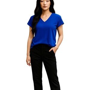 Express V-Neck Short Sleeve Blue Blouse Top Size Small